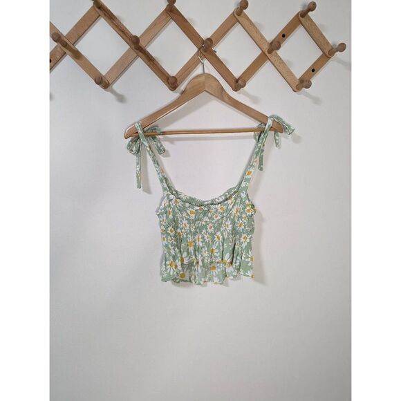 Elodie Tie Shoulder Smocked Waist Green Daisy Tank Top - Size Large - Picture 2 of 5